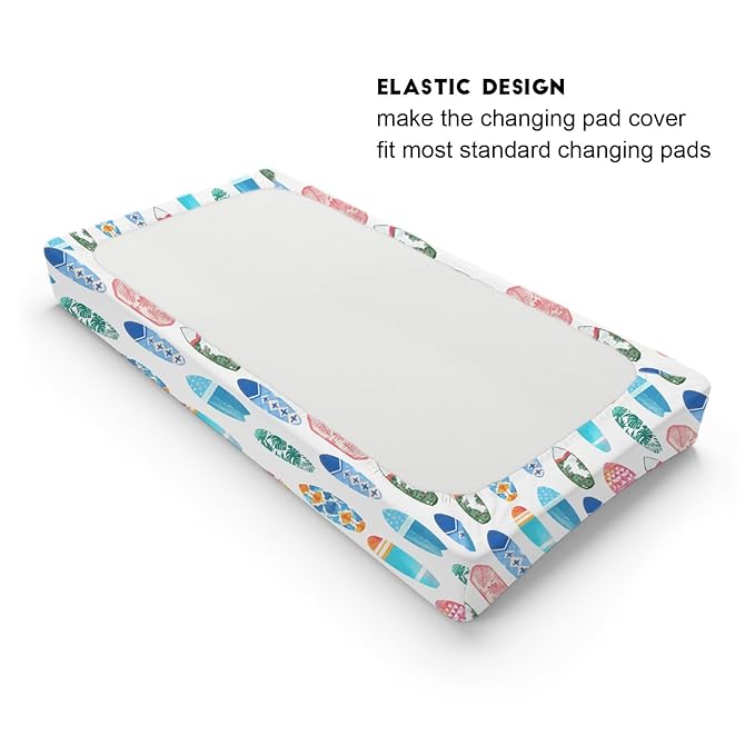 Colorful Surfboards Baby Changing Pad Covers for Boy Girl 32''x16'' Hawaiian Tropical Beach Surfing Fitted Diaper Change Table Mats Boho Summer Ocean Sports Soft Breathable Cradle & Bassinet Sheets