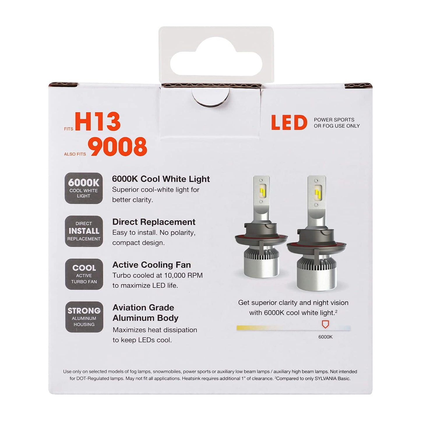 Sylvania H13 9008 Led Headlight Bulbs - 6000K Cool White Light, Aluminum, 2 Pack For Off-Road Use Or Fog Lights