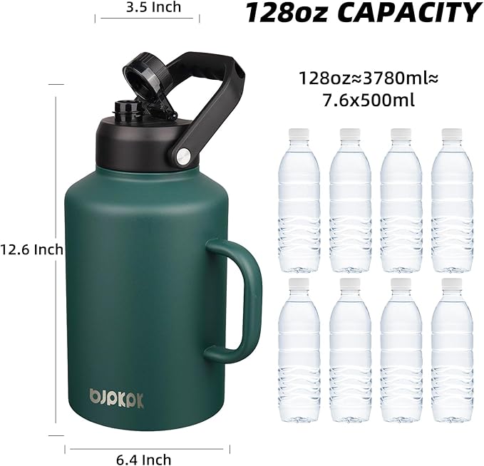 BJPKPK 1 Gallon Water Bottle with Handle, Large Dishwasher Safe 128oz Insulated Water Bottle, BPA Free Water Jug, Wide Mouth Metal Flasks with Anti-slip Bottom, Keep Cold & Hot,Army Green