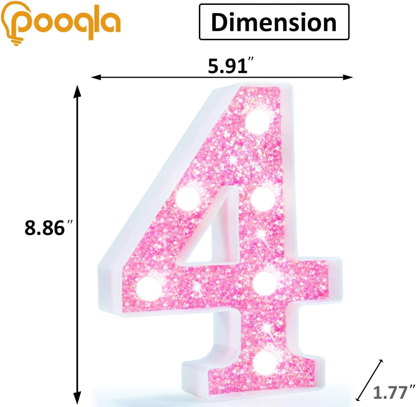 Pooqla Marquee Number Lights  Pink Light Up Numbers For Girls 4Th Birthday  Battery Powered Glitter Number Night Light Gift For Wedding Christmas Bedroom Dorm Party Decoration  Cool White Number 4