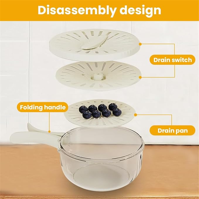2 in 1 Draining and Preservation Basket, 2 in 1 Drainer and Strainer, Draining and Preservation Basket, Rotating Lid Mechanism, Multifunctional Fruit and Vegetable Washing Bowl (Brown, Large)