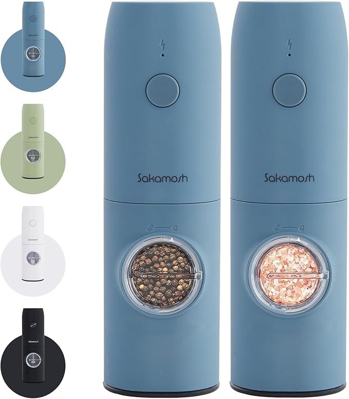 Electric Salt and Pepper Grinder Set, Rechargeable,Adjustable Coarseness with LED Light, Electric Salt and Pepper Shakers Refillable(2 Packs, Blue)