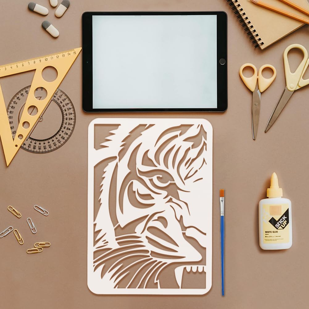 FINGERINSPIRE Peek at Tiger Stencil with a Paint Brush 11.7x8.3Inch Abstract Tiger Face Painting Stencil Reusable PET Animal Themes Decoration Template for Painting on Wood Wall Floor Furniture