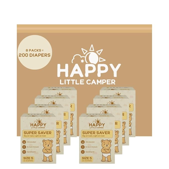 Happy Little Camper Super Saver Diapers, Size 5, 200 Count | Budget-Friendly Disposable Diapers for Sensitive Skin | Hypoallergenic, Fragrance-Free, Ultra Absorbent