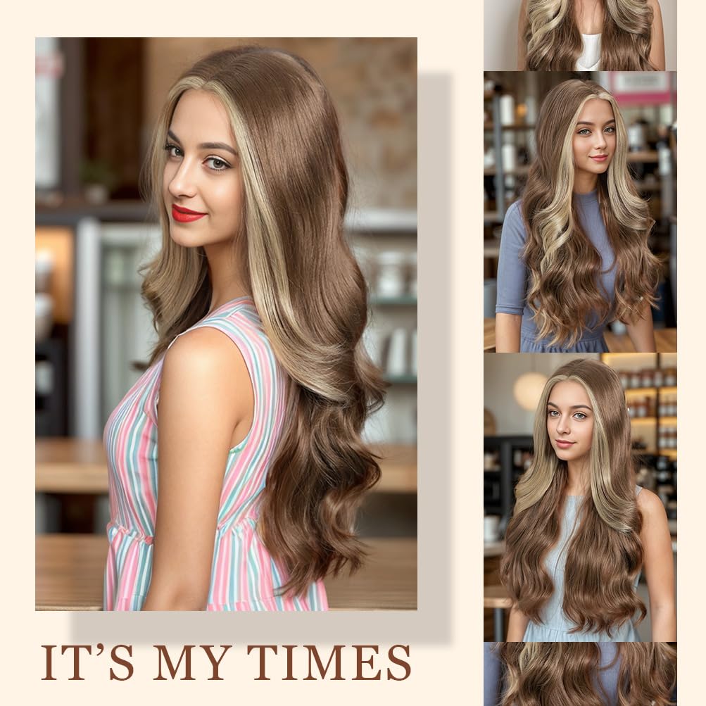 Style Icon HD Lace Front Wig 26 Inch Long Body Wave Wigs Highlight Beige Brown Color Synthetic Fiber Pre Plucked Baby Hair Centr