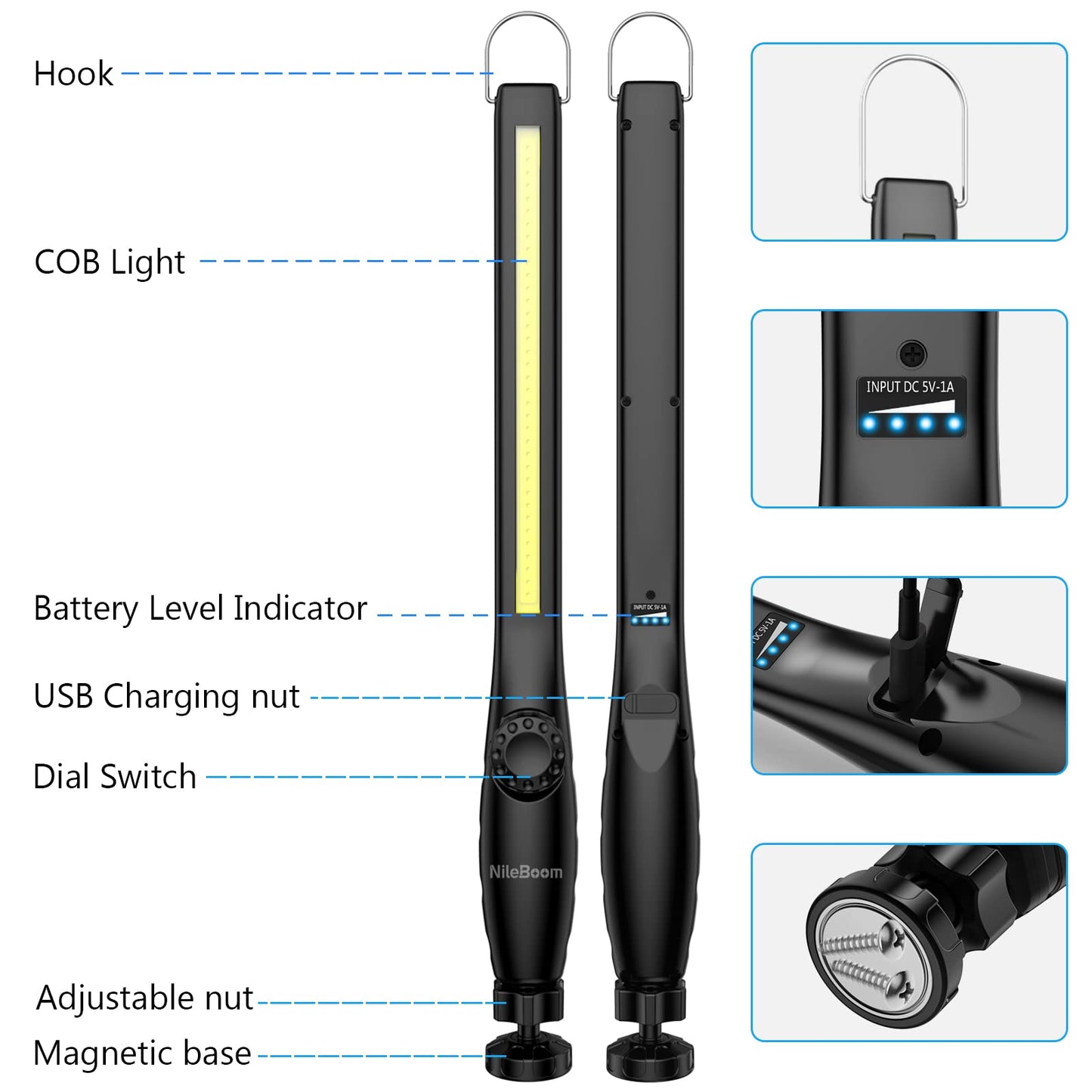 NileBoom LED Work Light - 800 Lumens, Rechargeable, Magnetic Base & Hook, 360? Swivel, Black, 4 Pack