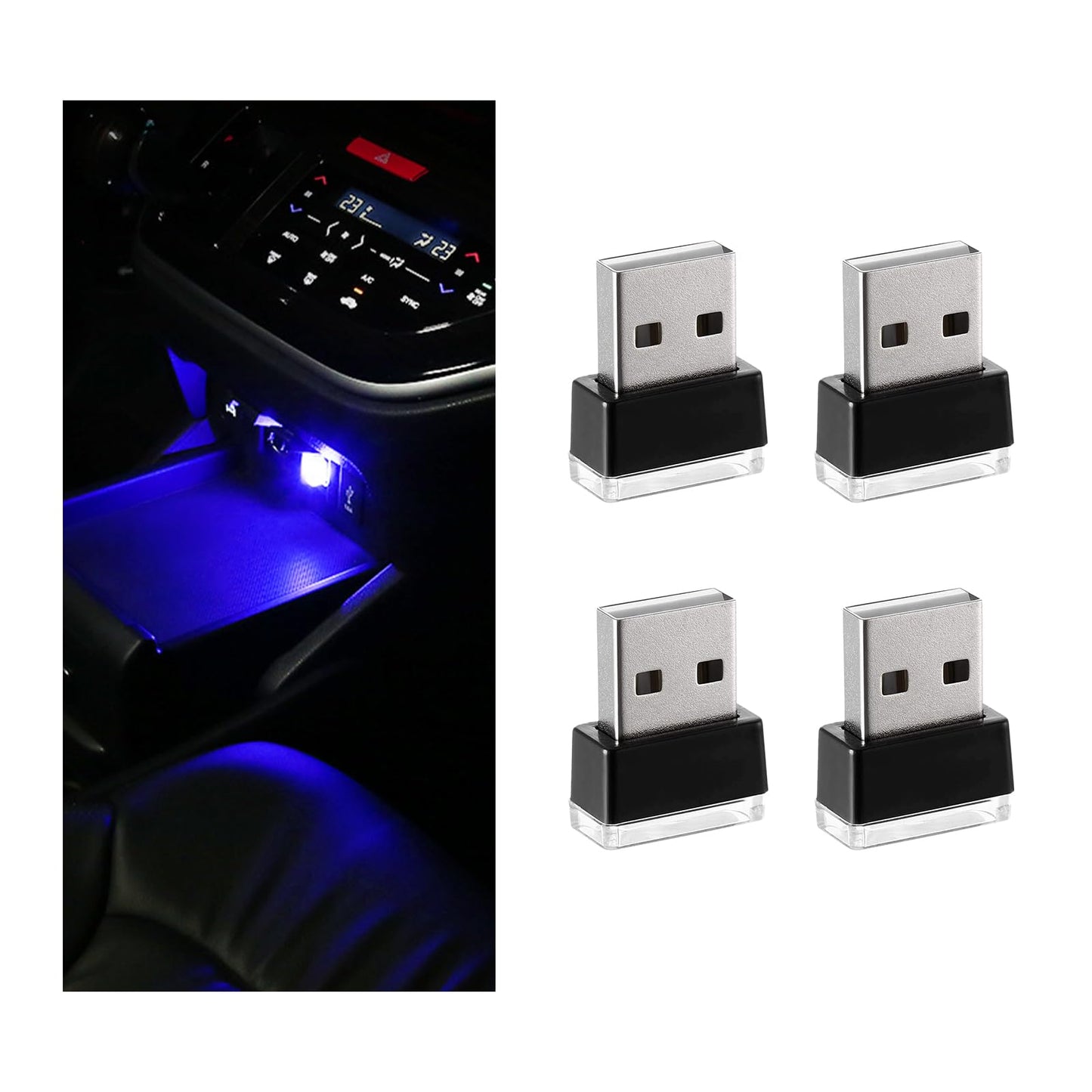 Sylvil 4 Pcs Usb Led Car Interior Atmosphere Lamp  Portable Mini Led Night Light  Plug-In Usb Interface Trunk Ambient Lighting Kit  Universal Interior Car Accessories (Blue)