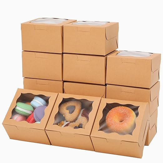 Bakepacker Kraft Bakery Boxes with Window - 4x4x2.5 inches Small Size Pastry & Mini Cookie Boxes for Bakeries - Thick & Sturdy (100 Packs)