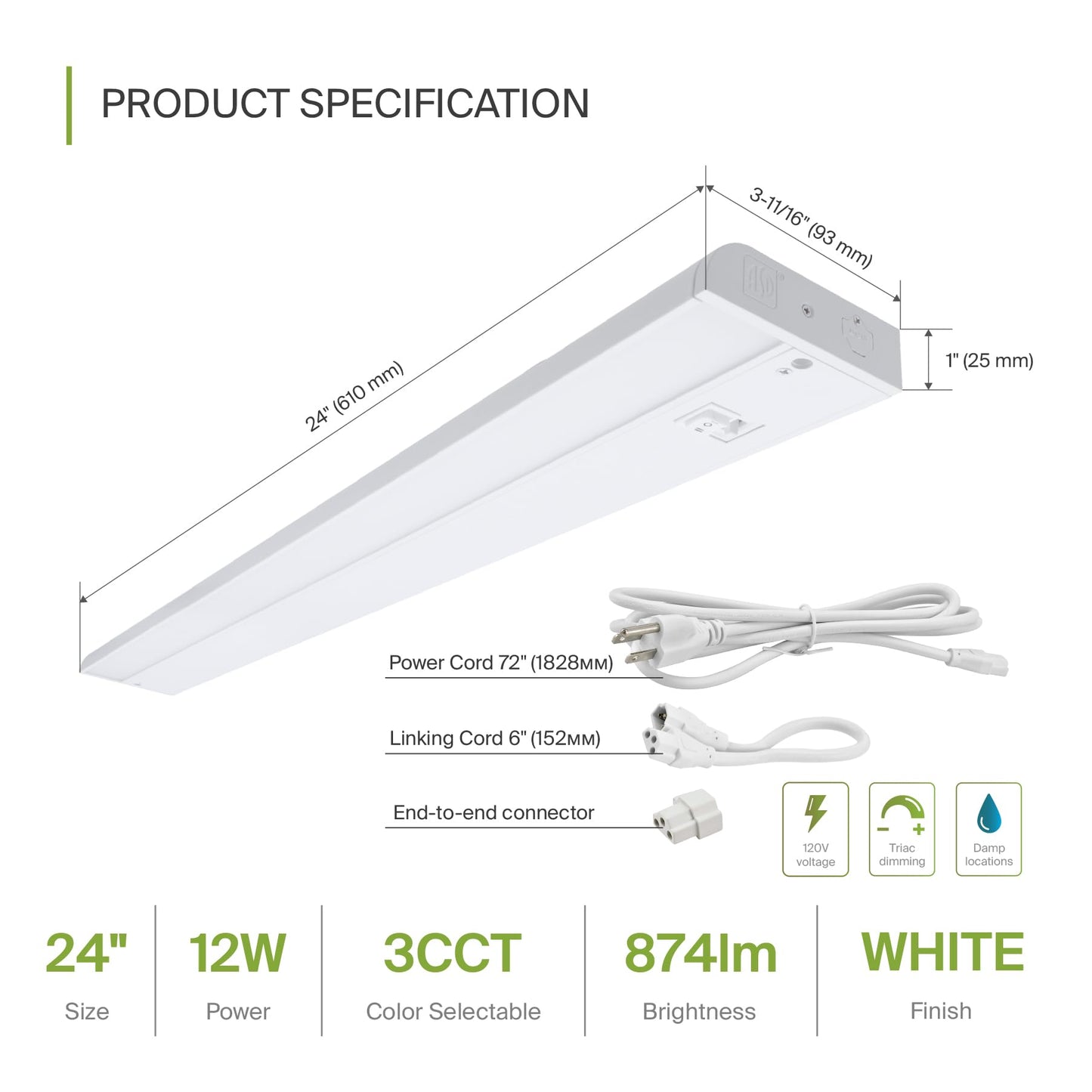 Asd Led Under Cabinet Lighting, 24 Inch Dimmable, Hardwired/Plug-In, 3 Color Levels, White Finish, Model Asd-Ucl-24D12Cc-Wh