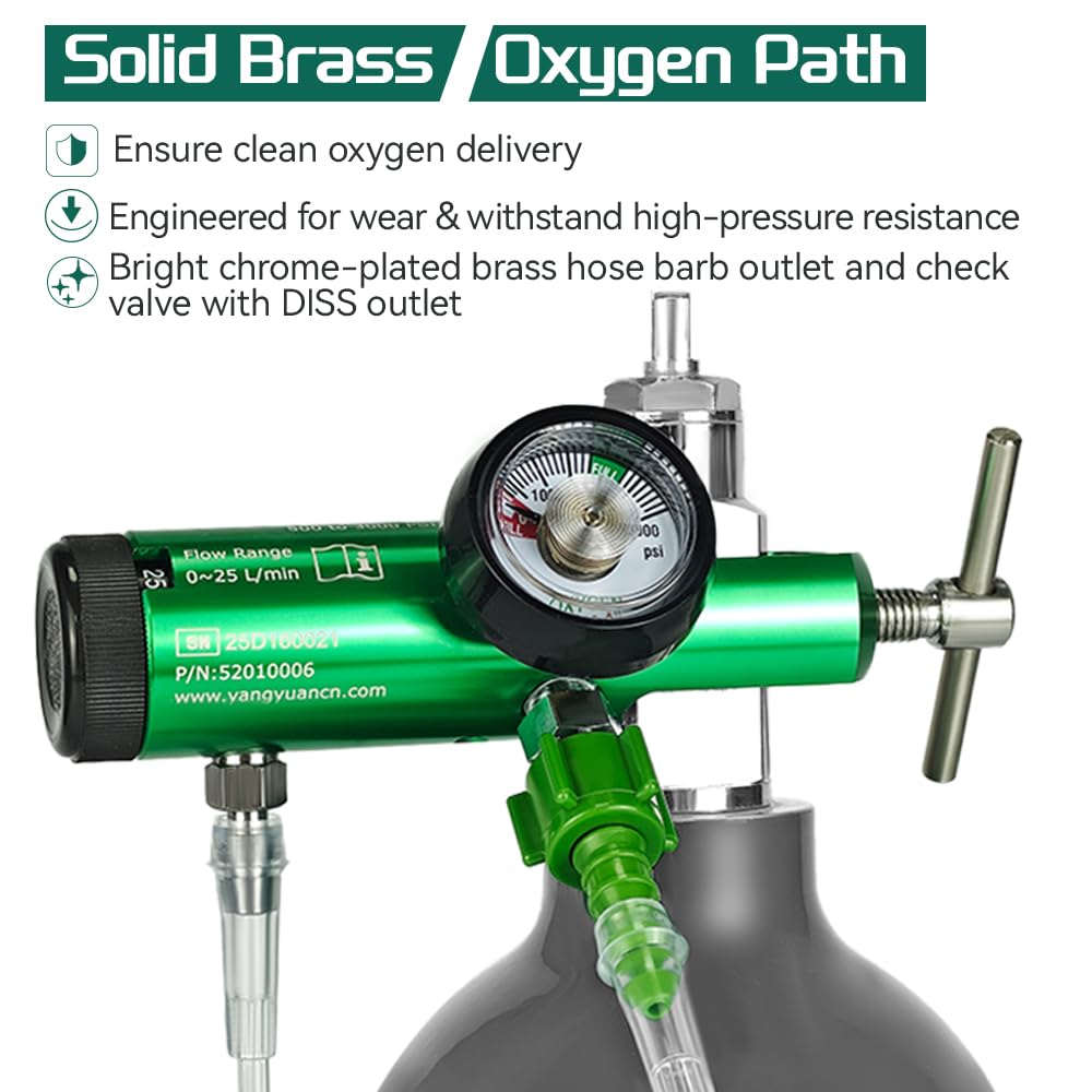 Oxygen Regulator EMS Professional Grade CGA870, 0-25 LPM with Gauge, Dual Outlet (Check Valve & Barb), Brass Sleeve Design, Includes Wrench, Oxygen Tubing Swivel Nipple and 5 Brass Yoke Washer Seals