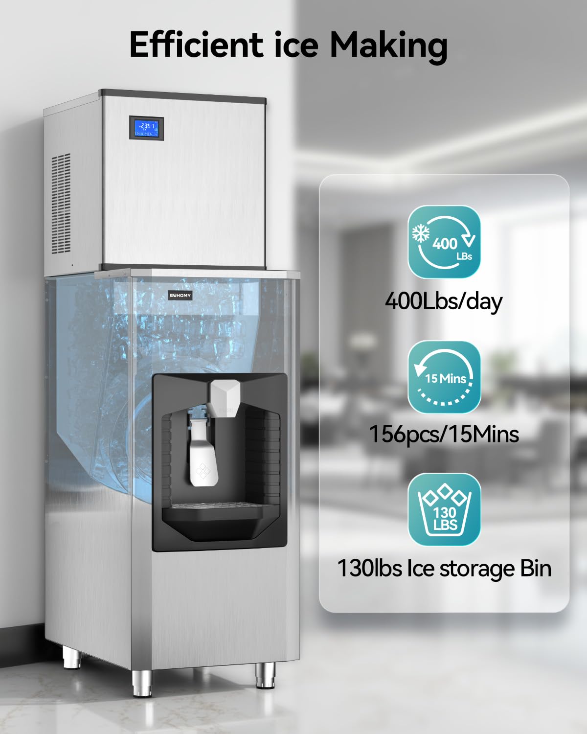 EUHOMY Commercial Ice Maker Machine 400Lb/24H, Ice Ready in 10-15 min,SECOP Compressor, Industrial Ice Machine with 130Lbs Automatic Ice Bin Dispenser, Ice Maker Machine for Hotel/Restaurant/Business