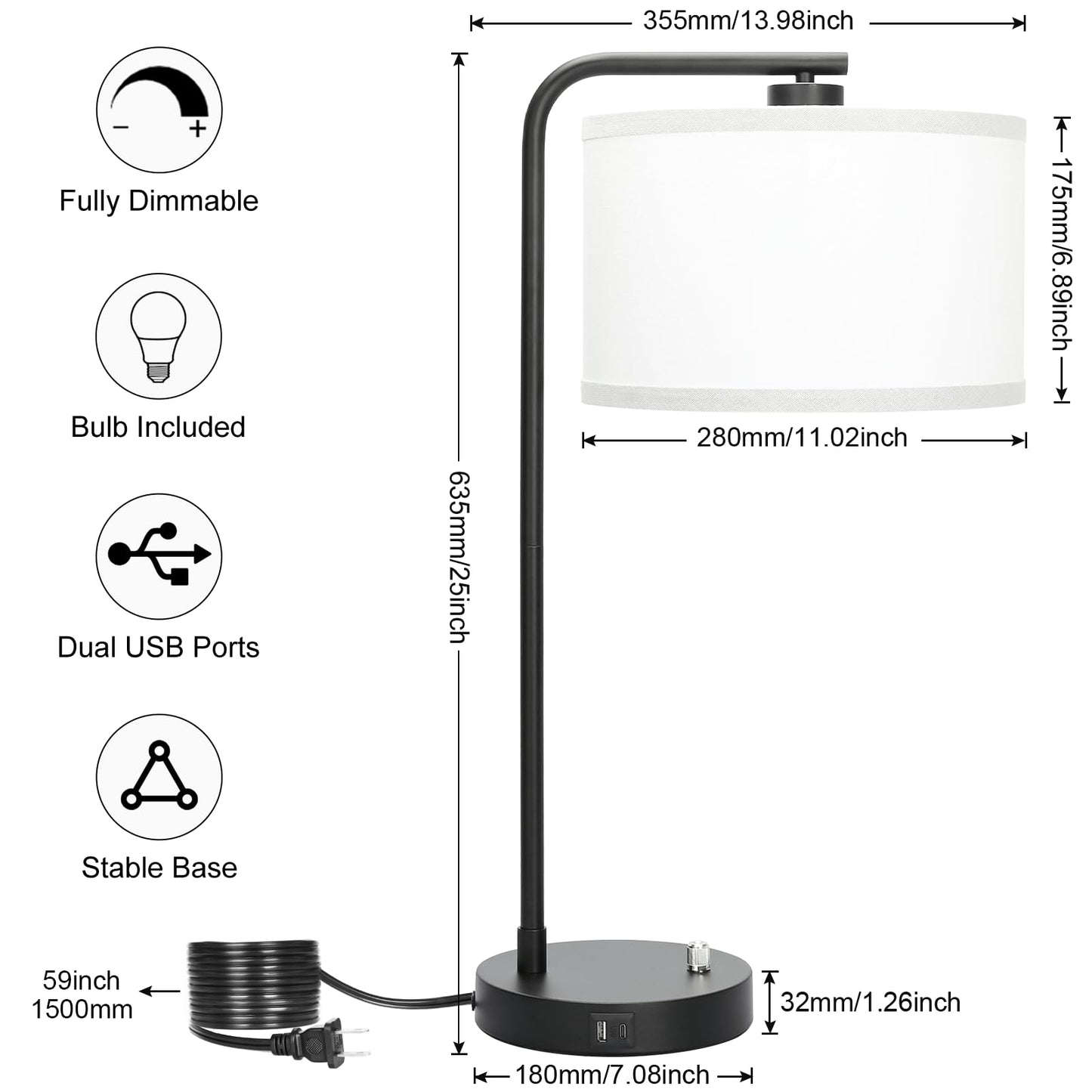 Seaside Village Table Lamp with USB C+A Ports, Stepless Dimmable, 13.98in x 13.98in x 25in, Black Base with White Shade, Model BW