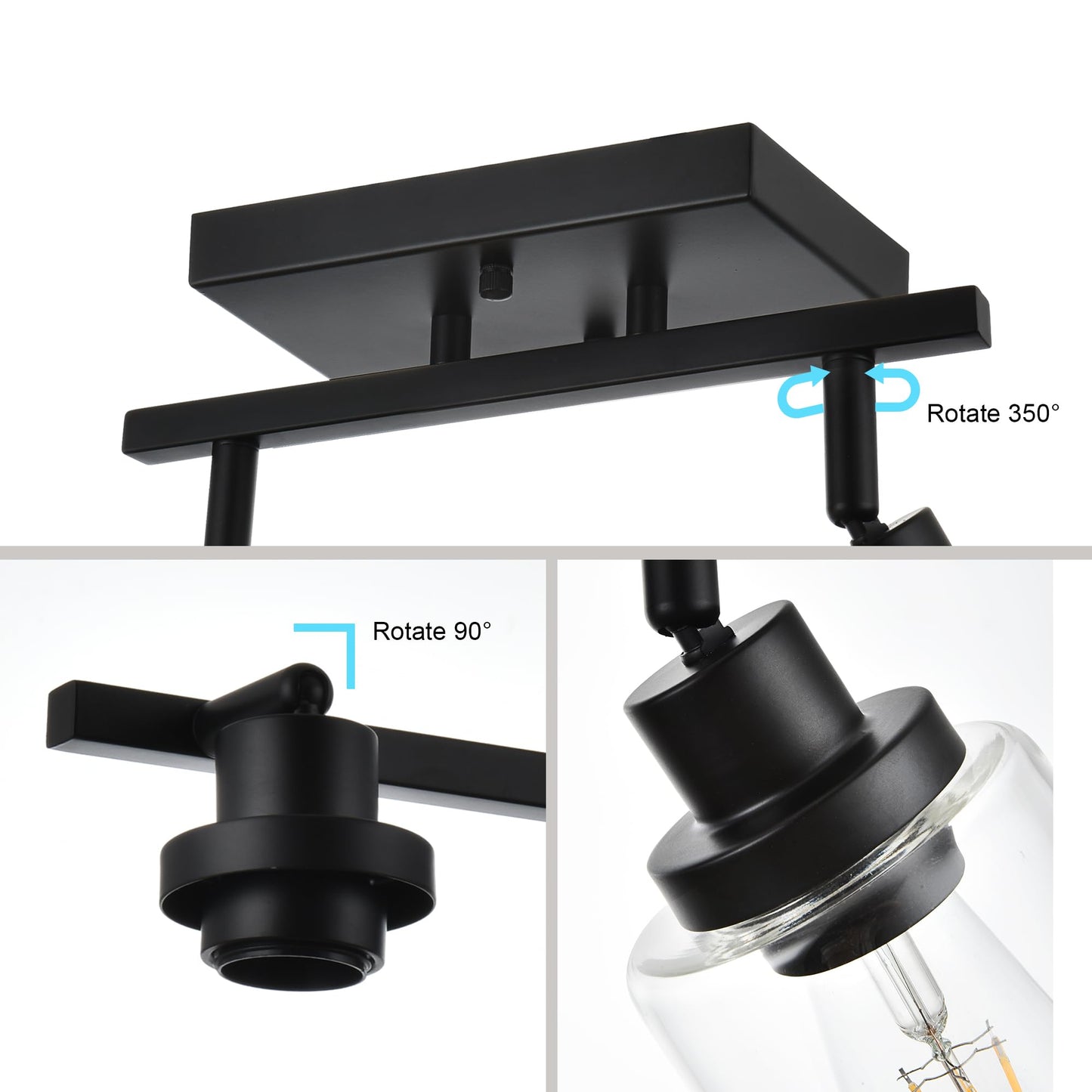 Wanluce 3-Light Track Lighting Kit Black Track Lighting Fixtures Bathroom Wall Sconces Ceiling Mount Kitchen Tracking Lights  Rotatable Spotlight With Clear Glass Shade For Kitchen Shop Hallway