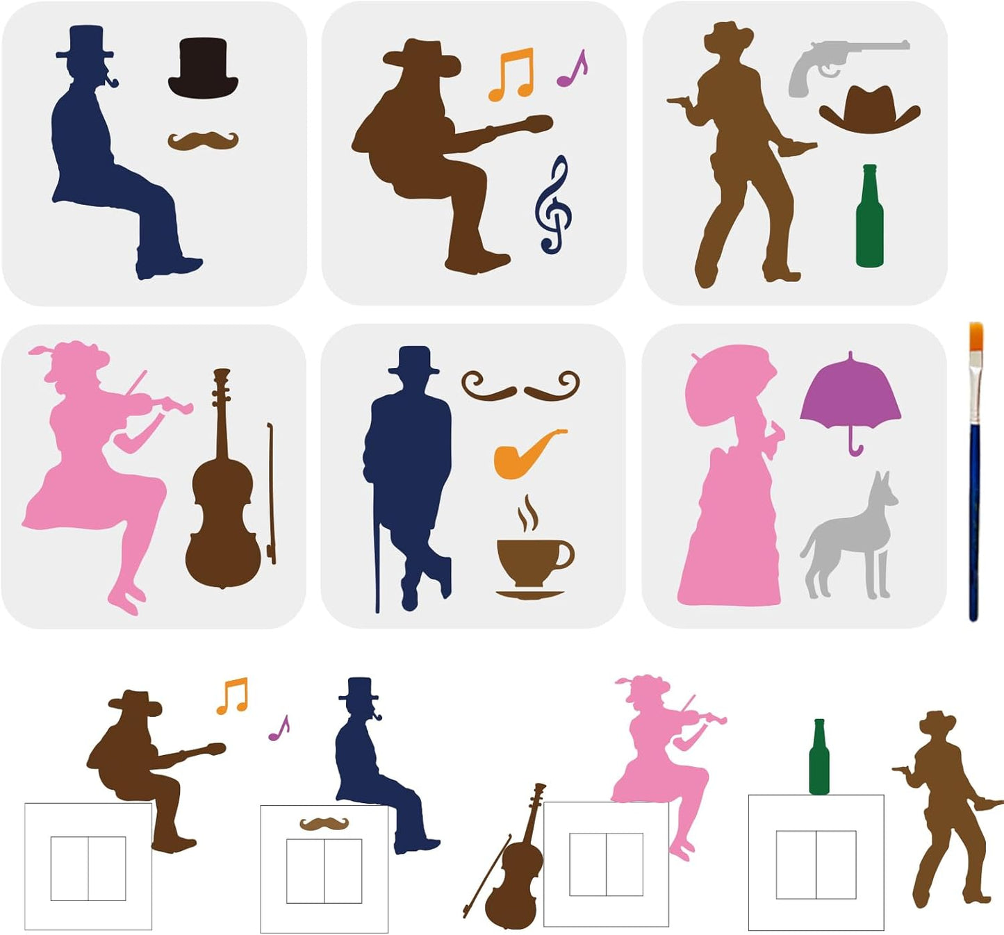 MAYJOYDIY 6pcs Cowboy Lady Stencil 6×6inch Vintage Elegant Ladies Gentleman Playing The Violin Cello Dancing Stencil Western Theme Drawing Template with Paint Brush on Wood Tile Paper Fabric Floor