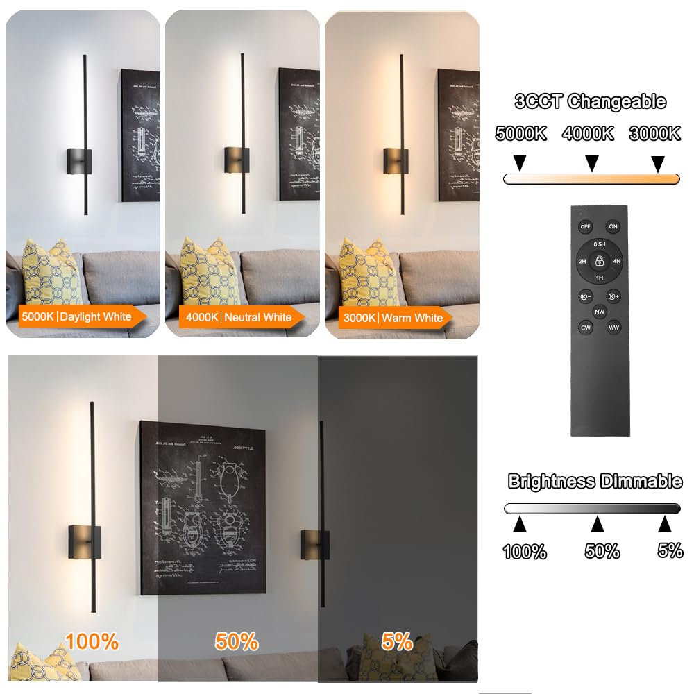 Ditoon Battery Operated Wall Sconce Set of 2, Dimmable LED Lighting, 31.6in, Black, USB Rechargeable with Remote Control