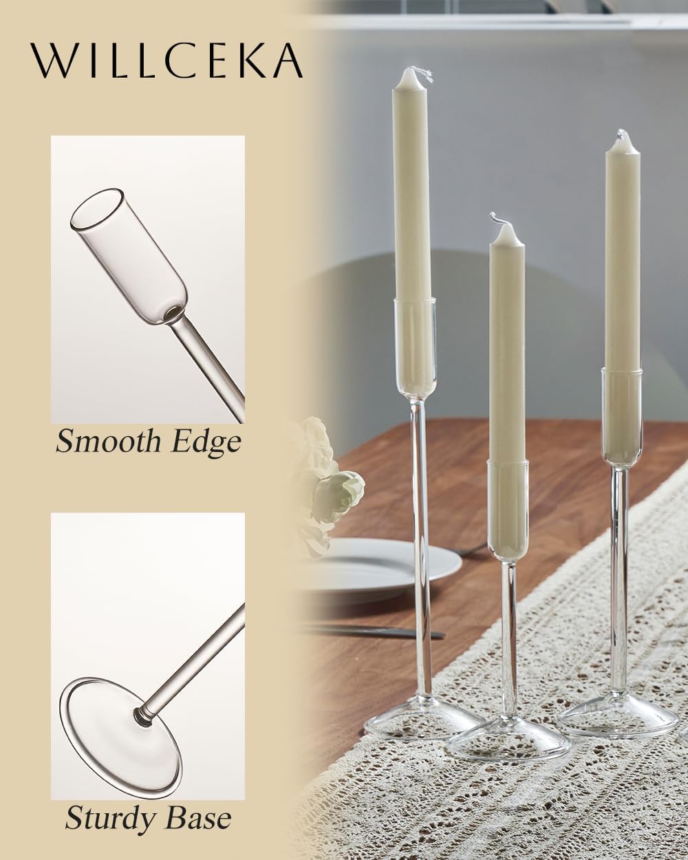 Willceka Candle Holder, Glass Taper Candle Tall Candlestick Holder, 3 Different Heights, for Table Centerpiece, Wedding, Party, Clear, 12pcs
