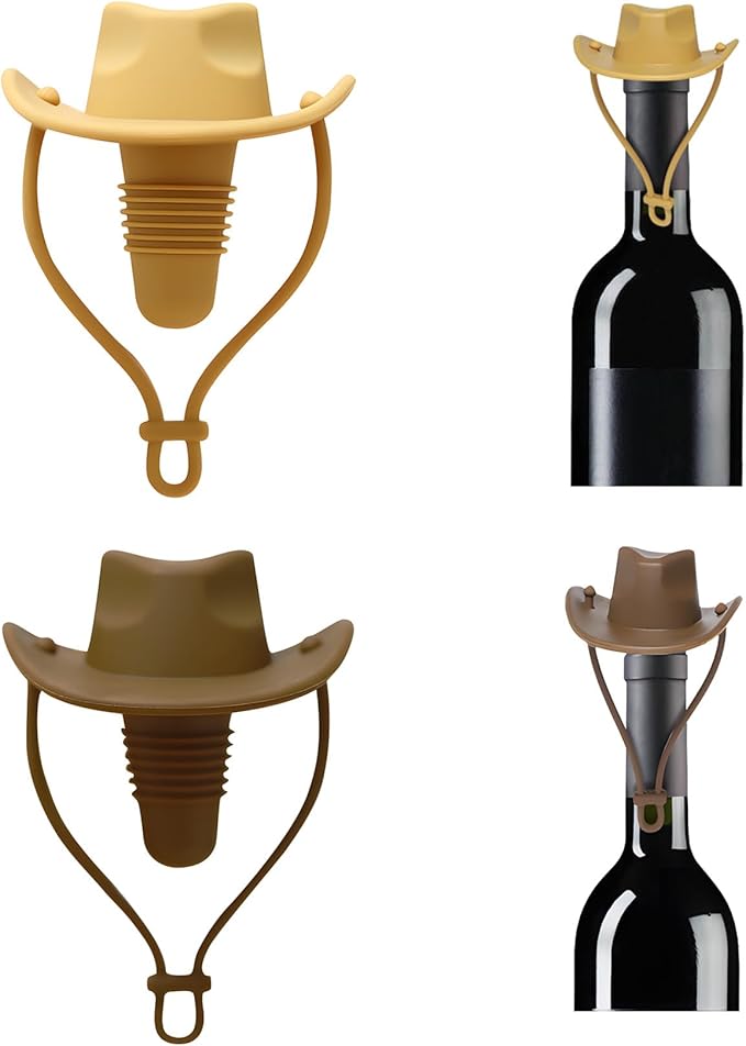 2 Pack Cowboy Hat Silicone Wine Cork, Decorative Wine Stoppers for Wine Glass Bottles,Bottle Stopper with Sombrero Design, Wine Accessories, Keeps Wine Fresh, Wine Gifts (Wheat & coffee)