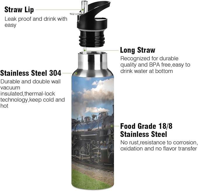 Vintage Steam Train Stainless Steel Water Bottle with Straw Lid - 20 Oz Sports Insulated Water Bottle Thermos for Sport Gym Outdoor Travel School (B-000)