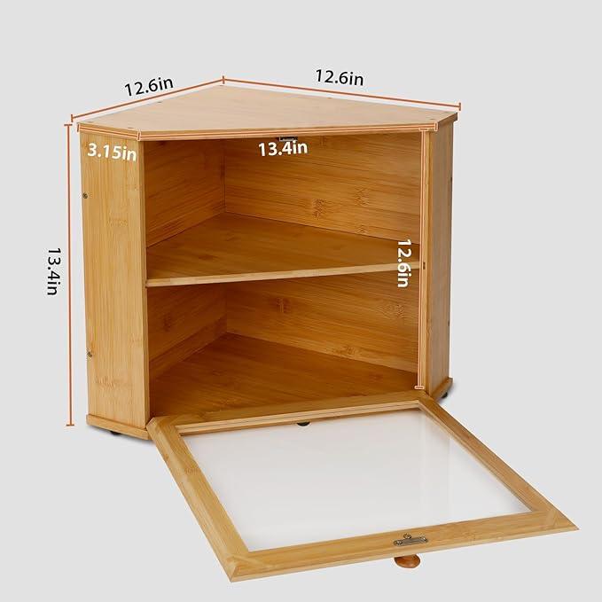 Bamboo Corner Bread Box for Kitchen Countertop, Log Bread Storage Box, Double-Layer Round Wooden Breadbox with Acrylic Transparent Window installed under cabinets, Store Various Foods and Items