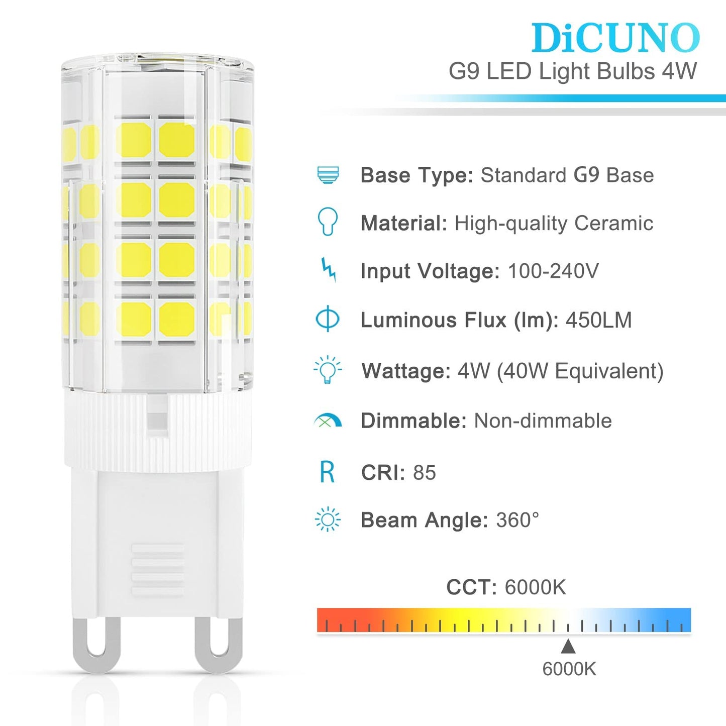 DiCUNO G9 LED Bulb 4W 40W Halogen Equivalent 6000K Daylight White Ceramic 6 Pack