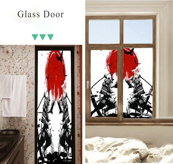 Japanese Samurai Stained Glass Film Watercolor Ink Samurai Sword Red Sun Printwindow Tinting Film for Home,Window Film Stained Glass 23.6Wx47.2L-Inch X2Pcs