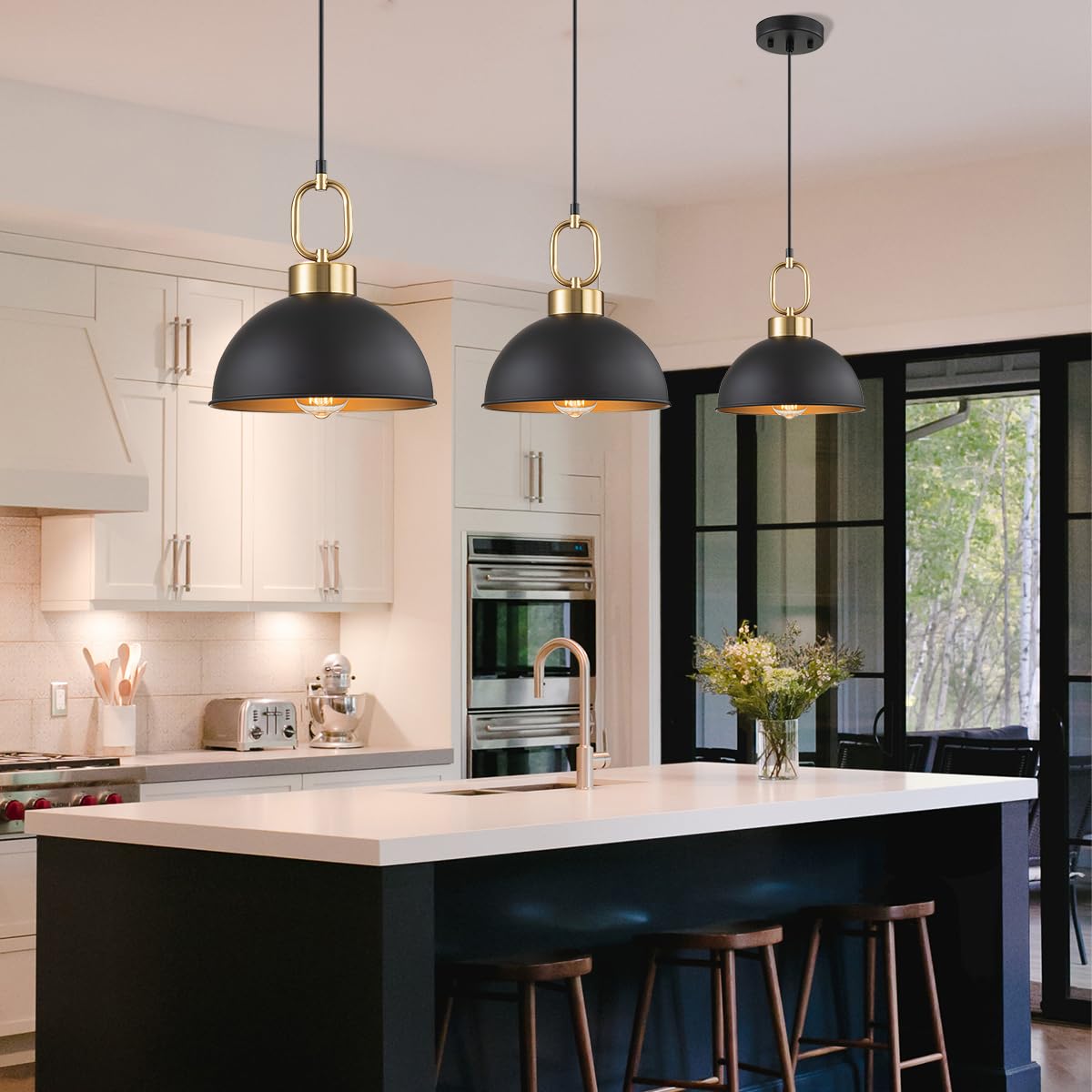 Tinhon Farmhouse Pendant Light Fixture, 10.2In Metal Hanging Light, Black/Gold, Adjustable Height, Vintage Shade, 2 Pack