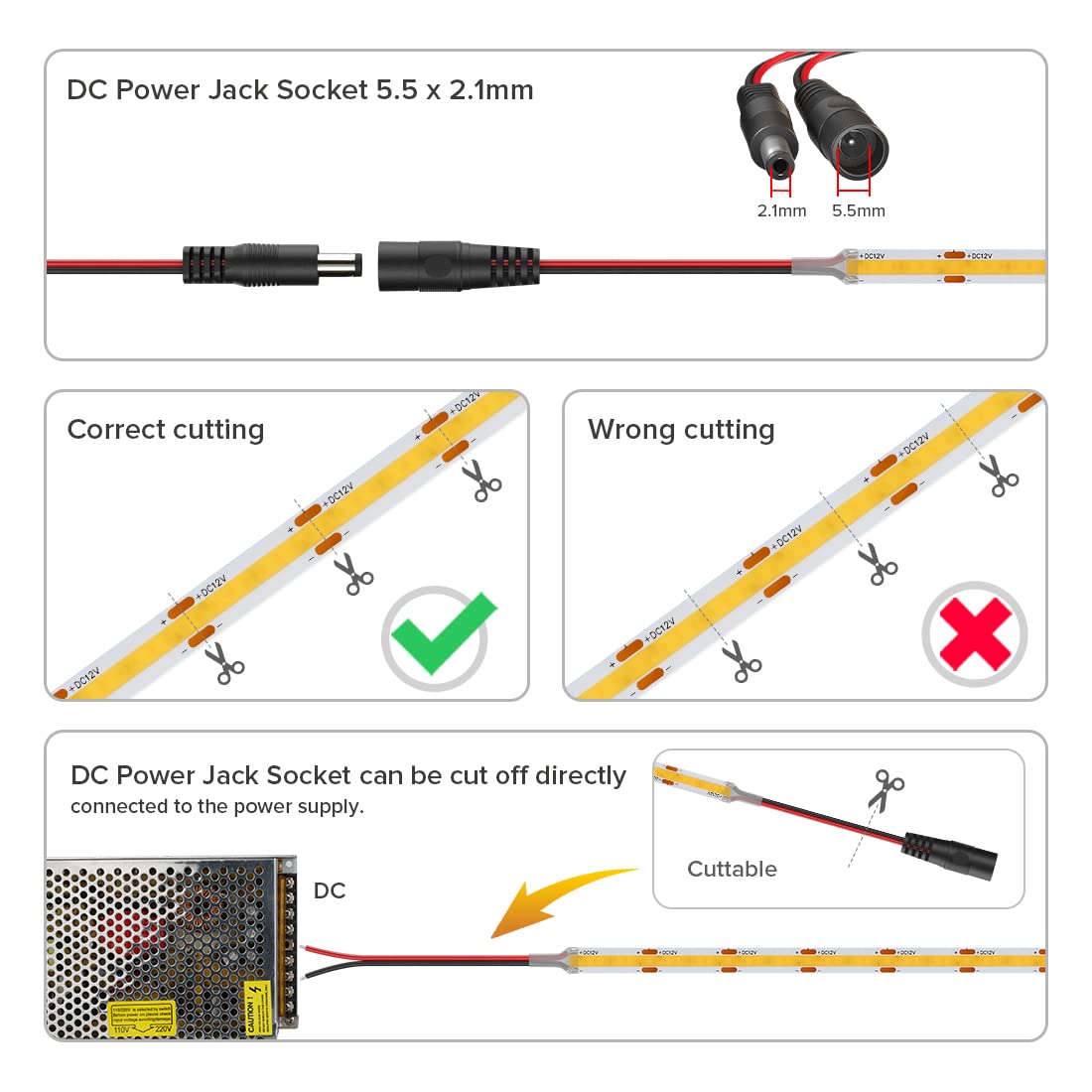 FCOB COB LED Strip Lights 16.4FT Dimmable DC 24V 480LEDs/m Warm White 2700K