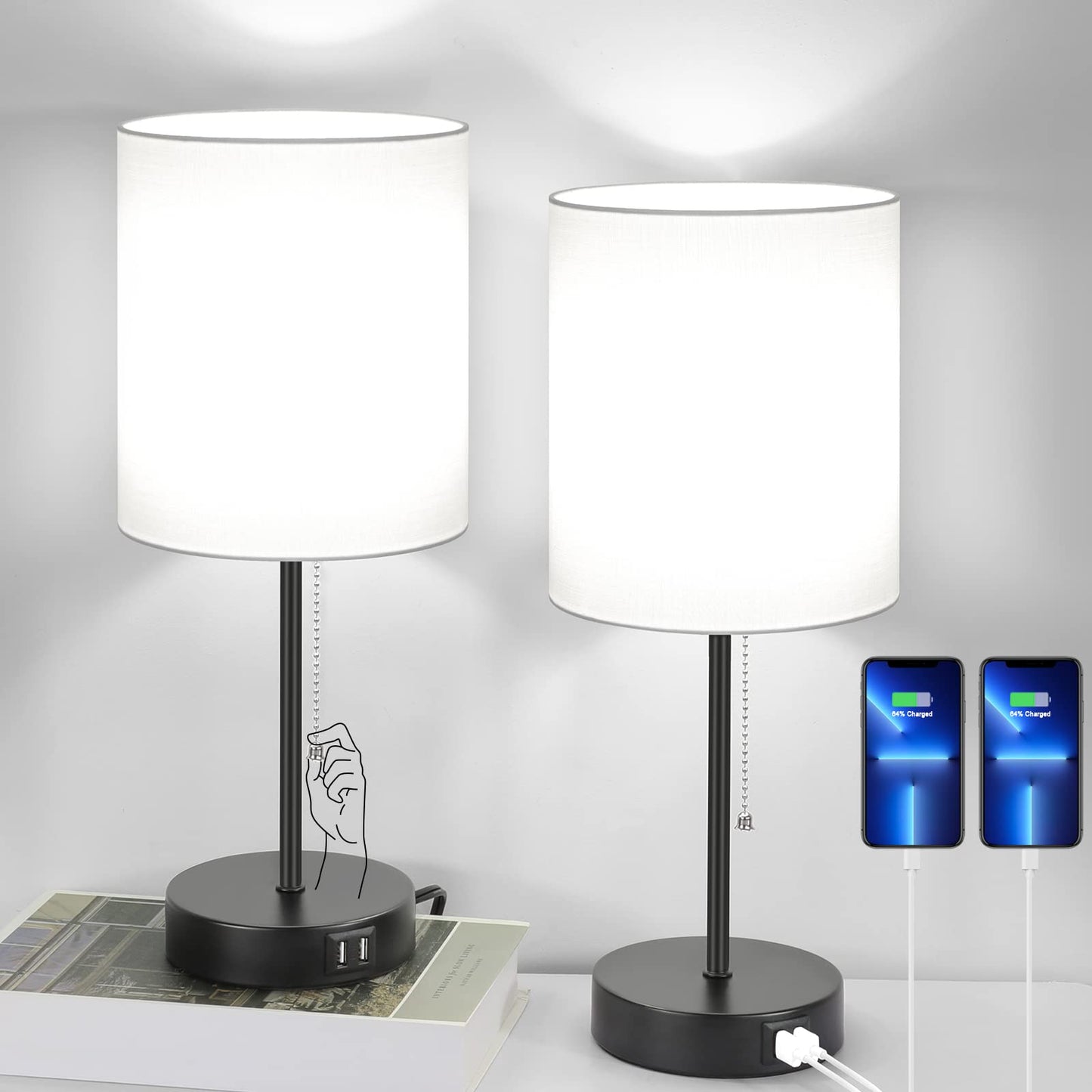 Bosceos Table Lamps Set of 2 with USB Charging Ports, White, AC Outlet, Pull Chain Switch, Model HRP-TSH06C