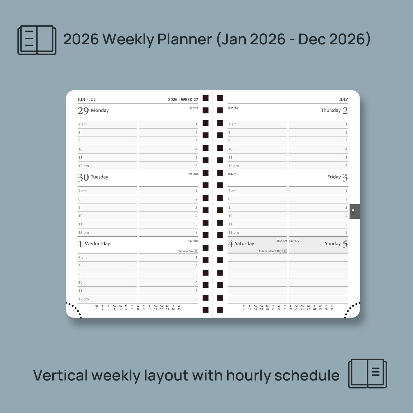 POPRUN 2026 Planner (Pocket Size 4''x 6.25'' Wire-Bond Hard Cover) Calendar Weekly and Monthly (Jan.2026-Dec.2026) Small Planner with Hourly Time Slots, for Purse, 100 GSM - Navy Blue