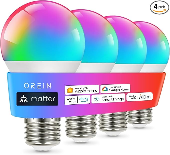 OREiN Matter Smart Light Bulb, Smart Light Bulbs Work with Apple Home, Alexa, Google Home, SmartThings, A19 Color Changing...