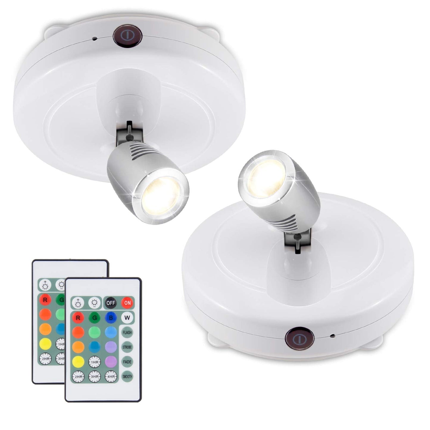 LUXSWAY Mini Accent Spotlight, Battery Operated LED Puck Light, Dimmable, 12 Color Changing, White Silver Head, 2 Pack