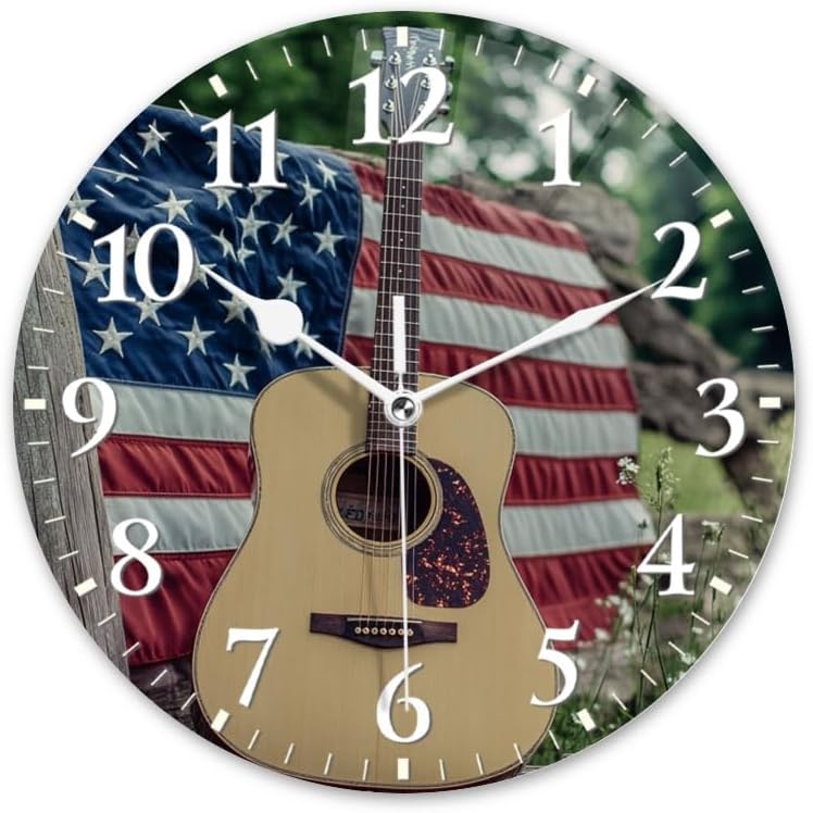 Guitar Wall Clock Non-Ticking Silent Clocks Battery Operated Analog Decor Clock for Home-Guitars Sitting On Fence with American Flag(14inch)