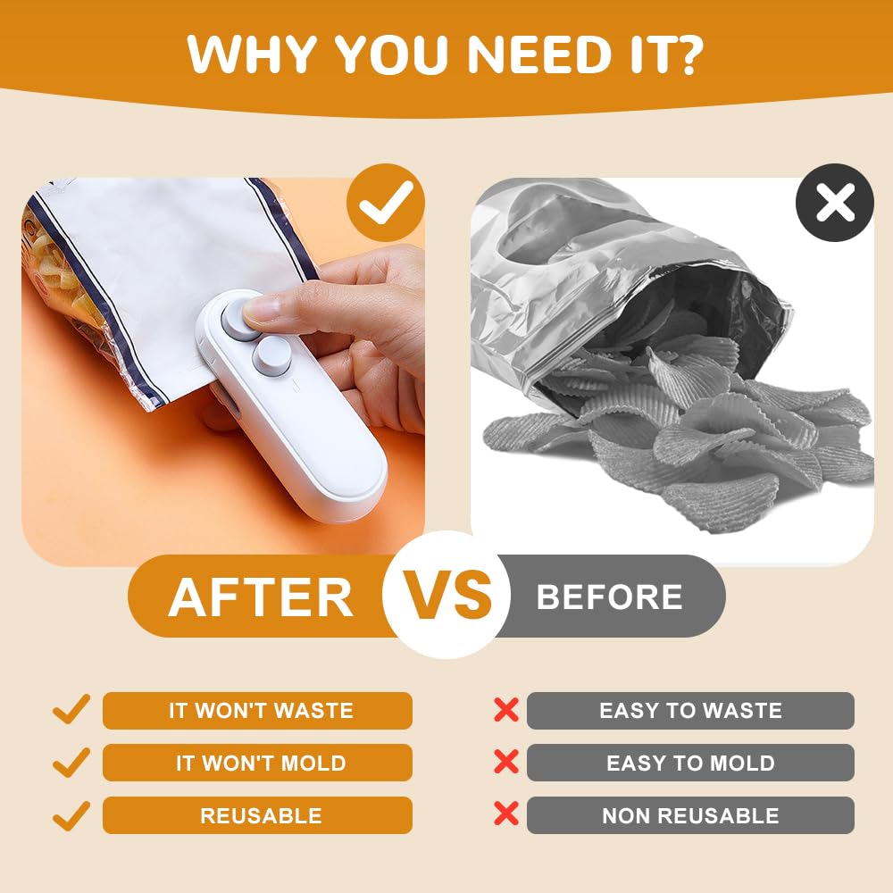 2026 Upgraded Mini Bag Sealer, 2 in 1 Mini Bag Sealer with Cutter and Magnet, Rechargeable Mini Bags Sealer Portable Resealer Machine for Snack Plastic Bags Food Storage Travel (White + Black)