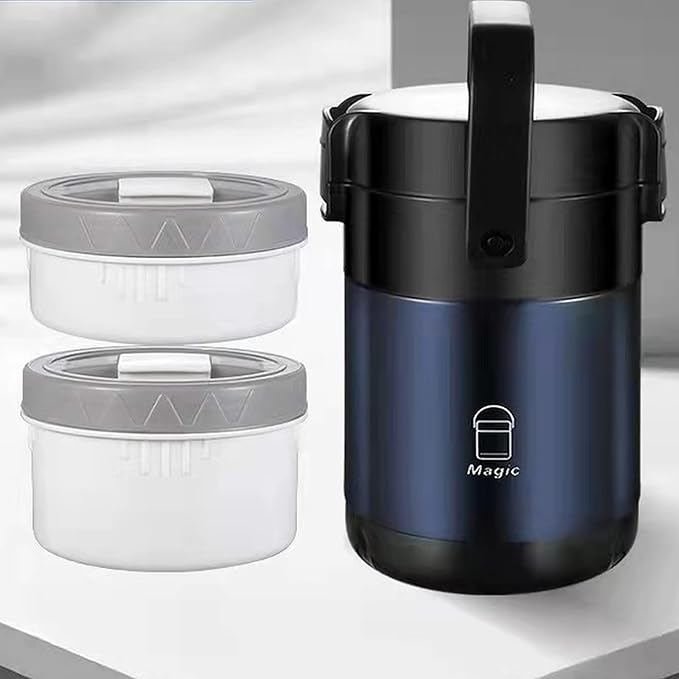Stackable Stainless Steel 3-Tier Lunch/Snack Box, Vacuum Stainless Steel Leak-Proof Insulated Bottle, Suitable for Carrying Food to Office, Outdoor Picnic(64oz, Noble Blue)