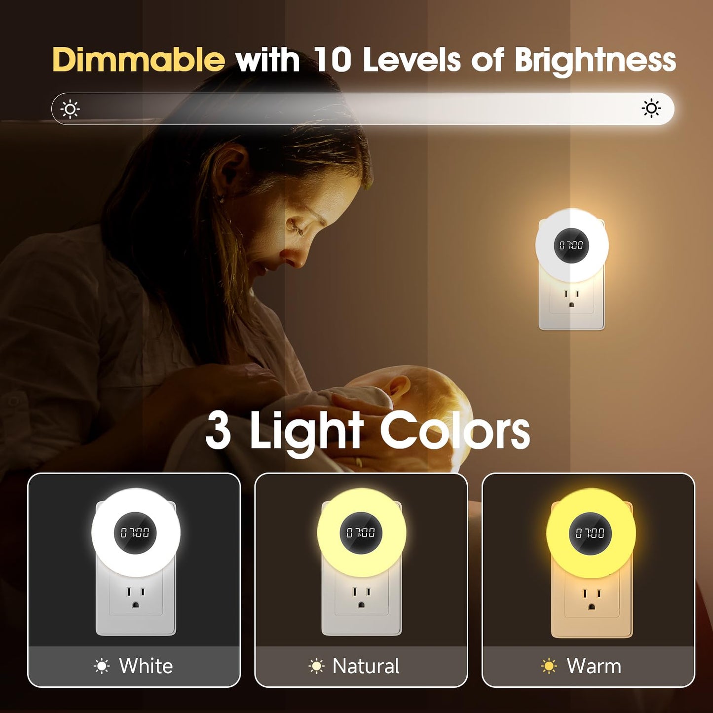 One Fire Night Light, 2PCS LED Plug-in Night Lights, Dimmable, 3 Light Colors, Bathroom Clock, Remote & Timer, ABS Material