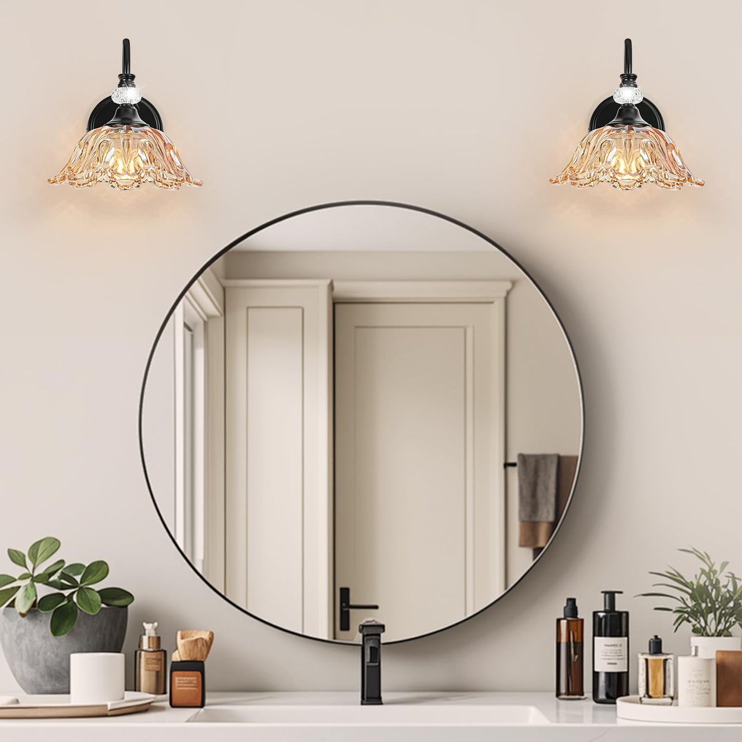 Sunkryster Black Wall Sconces With Floral Amber Glass Shades  Black Farmhouse Wall Mount Lighting For Bathroom Vintage Bathroom Vanity Light Fixtures