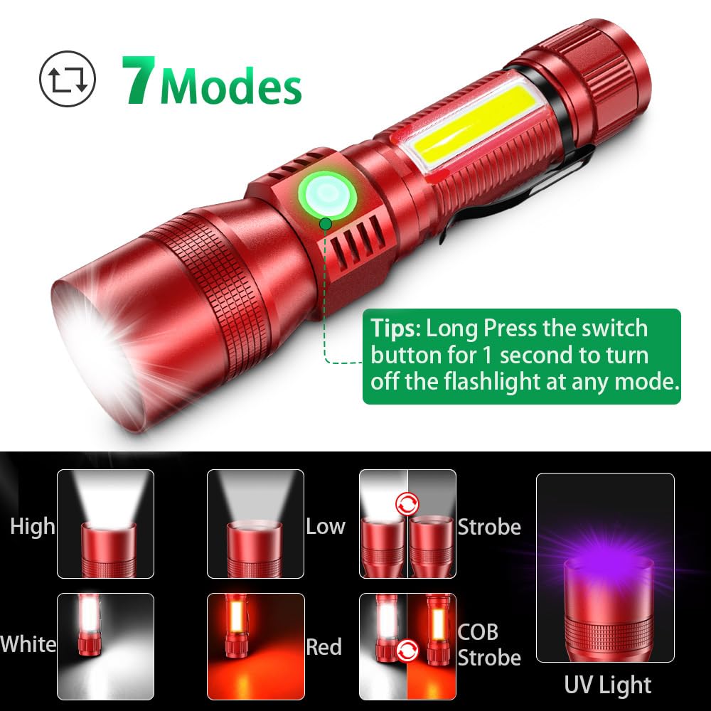 AdamStar Black Light Flashlight, 3-in-1 Rechargeable LED, 7 Modes, Waterproof, Model 016, 1pack Red