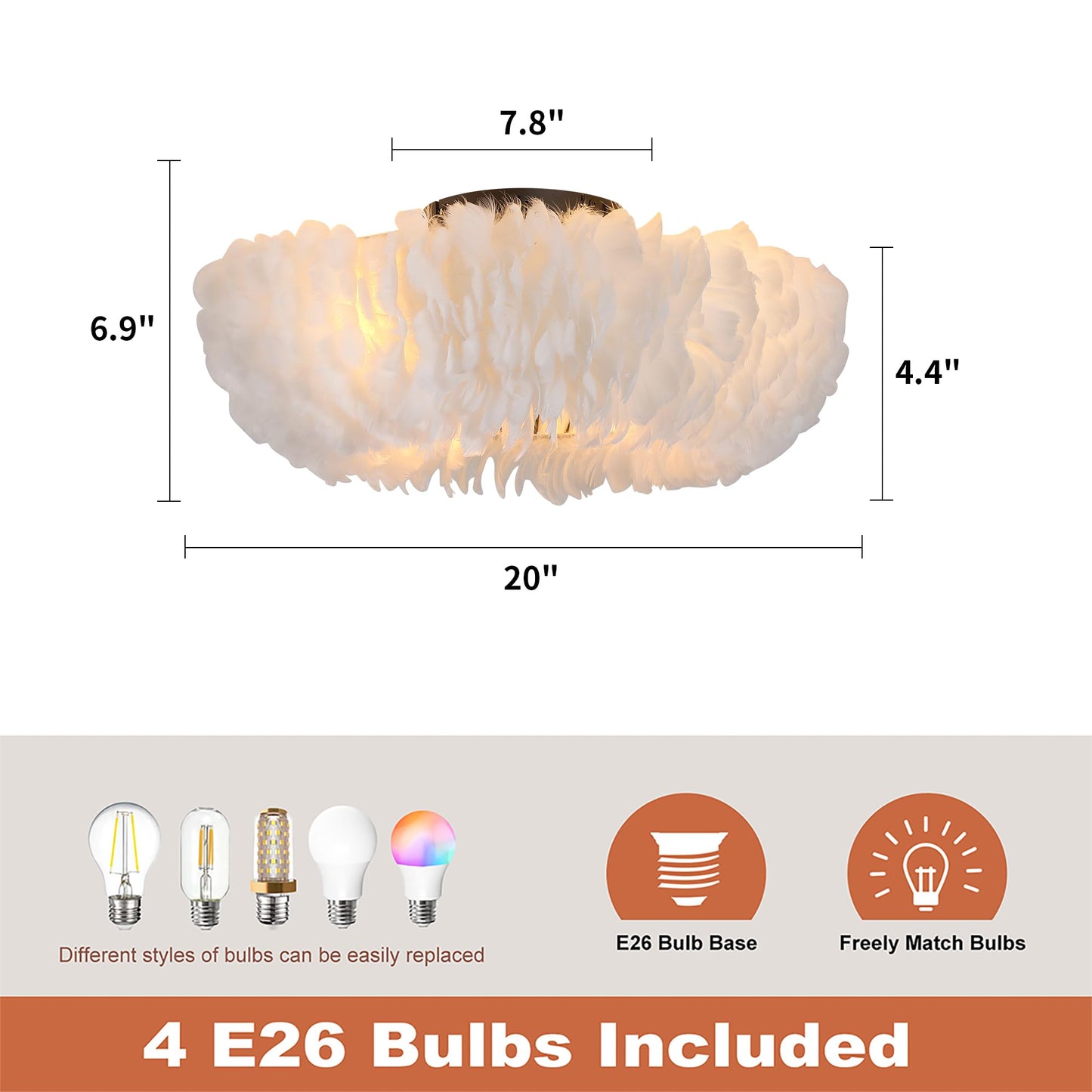 Xudom 20 Modern Ceiling Fans With Lights And Remote Control,White Feather Chandeliers Stylish Low Profile Ceiling Fan For Bedroo