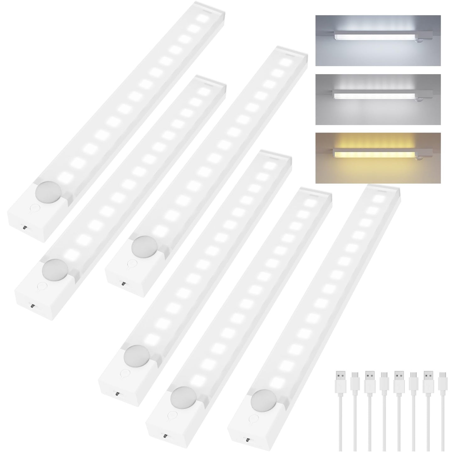 Rihvy Under Cabinet Lighting 12 Inches Rechargeable Motion Sensor Light Indoor  3 Color Dimmable Closet Light Battery Operated  Usb Stick On Led Magnetic Under Counter Lights For Kitchen Stair  6Packs