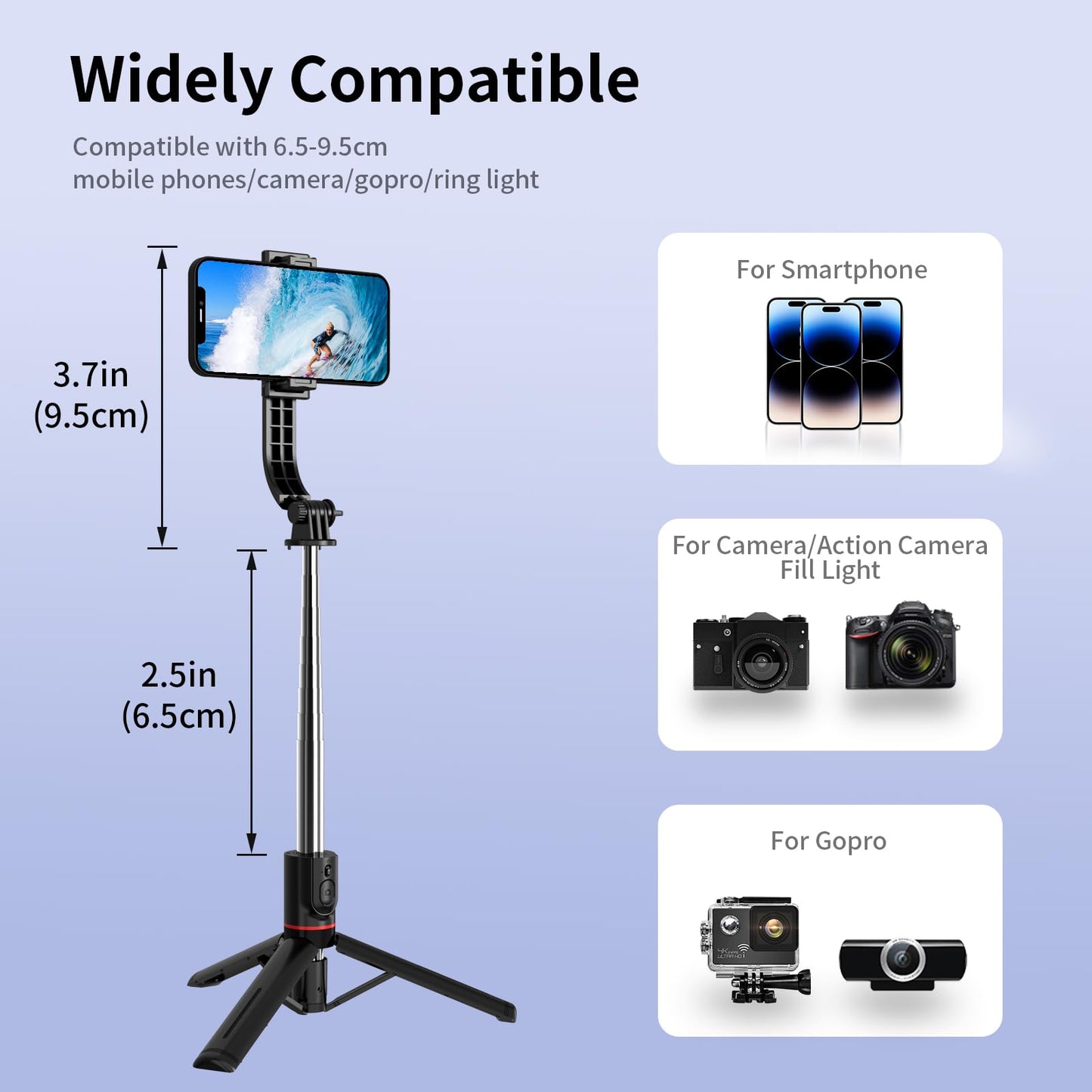 Selfie Stick Tripod, 44 Extendable, 360 Rotatable, Wireless Remote, Detachable Phone Holder, Lightweight & Portable, Compatible