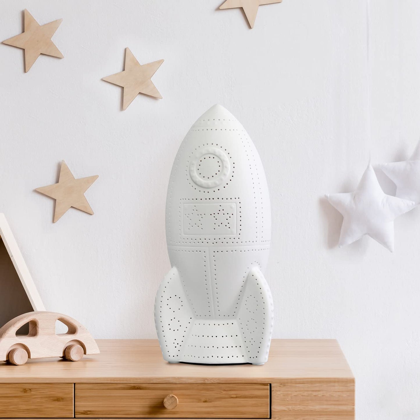 Simple Designs Table Lamp, Porcelain Rocket Ship, 6inL x 5.75inW x 12.5inH, White, Model LT2095-WHT
