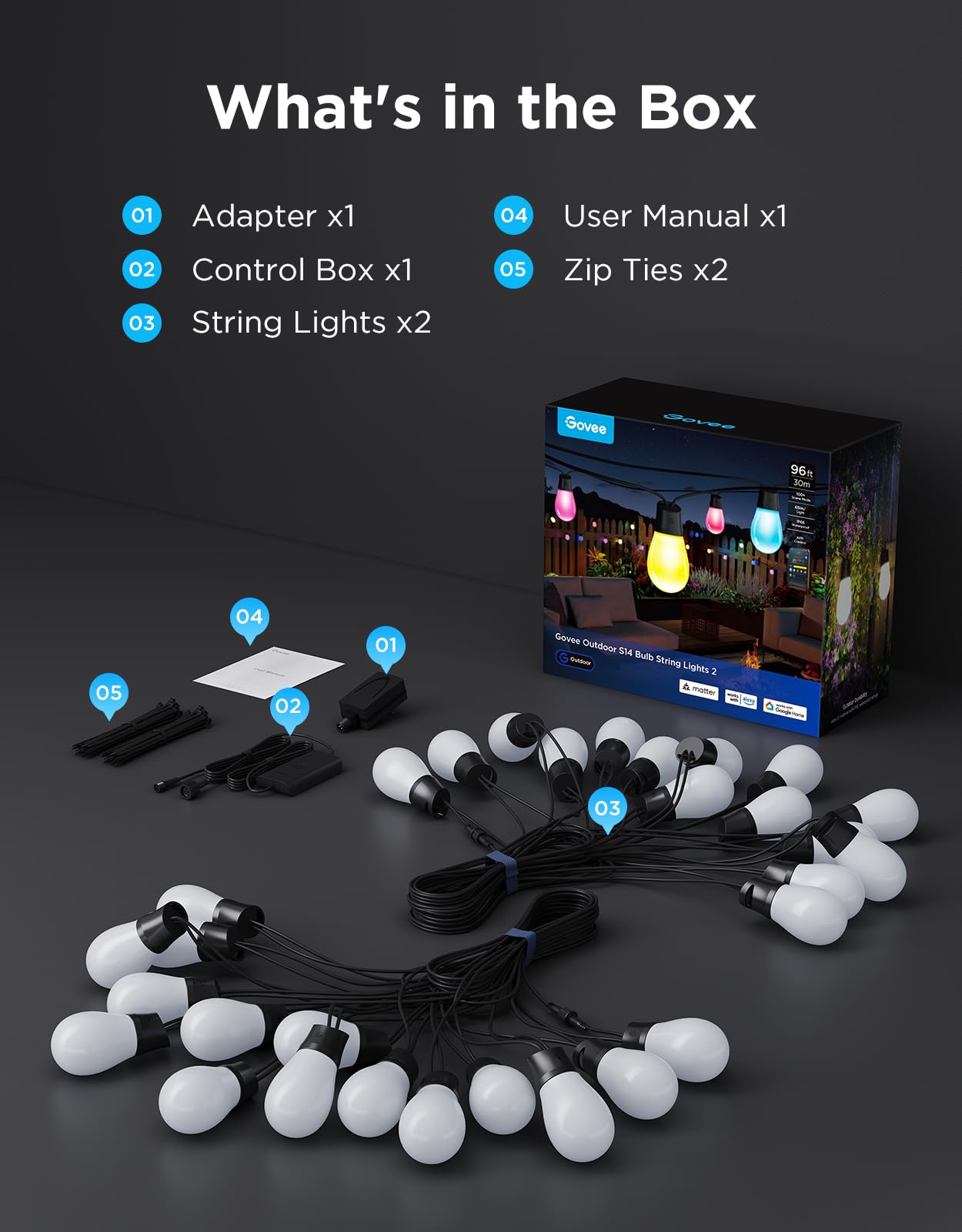 Govee S14 Bulb Outdoor String Lights 2, 96ft Smart RGBIC Warm White Patio Lights with 30 LED Bulbs, 111 Scene Modes for Outdoor Decor, Works with Alexa, Google, Matter, APP Control, IP66 Waterproof
