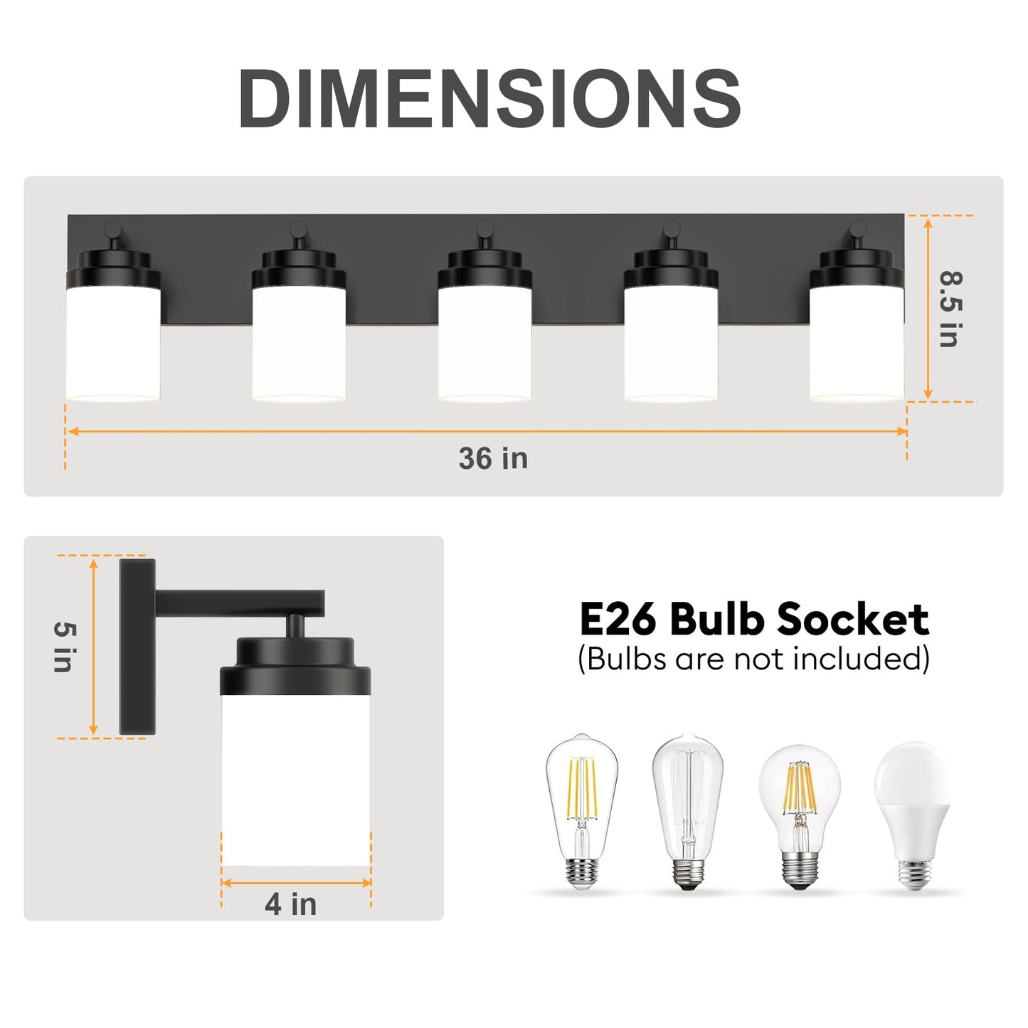 Izorro Bathroom Vanity Light Fixture  5-Light 36 Inch Matte Black Bathroom Light Fixtures Over Mirror  With White Glass Shade  Modern Farmhouse Vanity Lights  Rustic Restroom Lighting Fixtures
