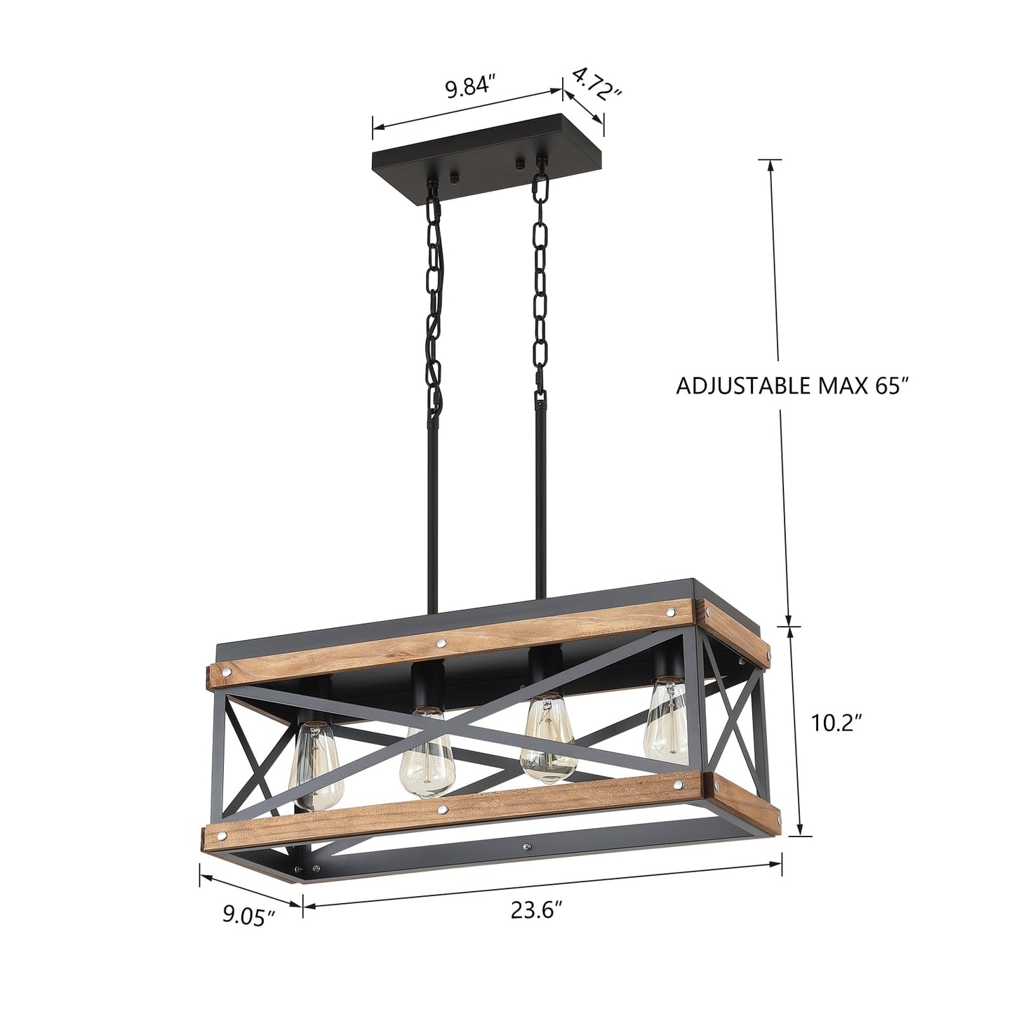 Rustic Farmhouse Wood Kitchen Island Lighting  4 Lights Rectangular Pendant Light Fixture  Adjustable Chain Oak Wood And Metal Linear Chandelier For Dining Room Kitchen Island Farmhouse  Black