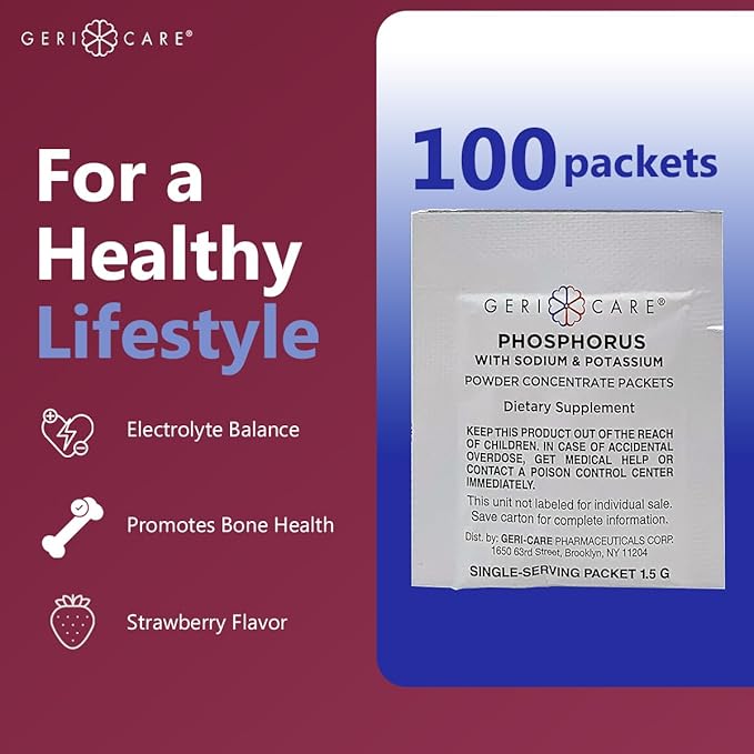 GeriCare Phosphorus Supplement Powder with Sodium & Potassium – 100 Count Strawberry-Flavored 1.5g Packets for Bone, Nerve, and Muscle Support – Easy-to-Mix Electrolyte Formula