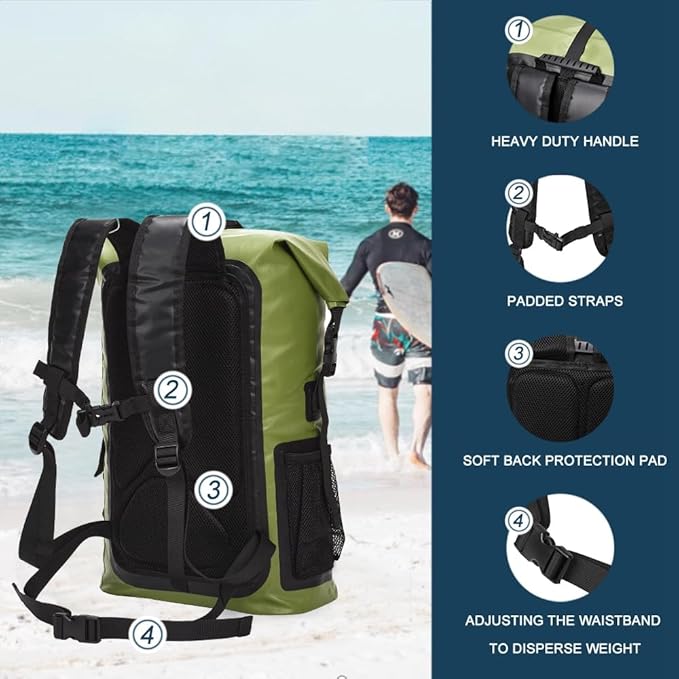 Blueshyhall 30L Waterproof Dry Backpack, Outdoor Travel Roll Top Closure Water Repellent Duffle Storage Sack for Kayaking Rafting Boating Fishing Camping and Beach - Green