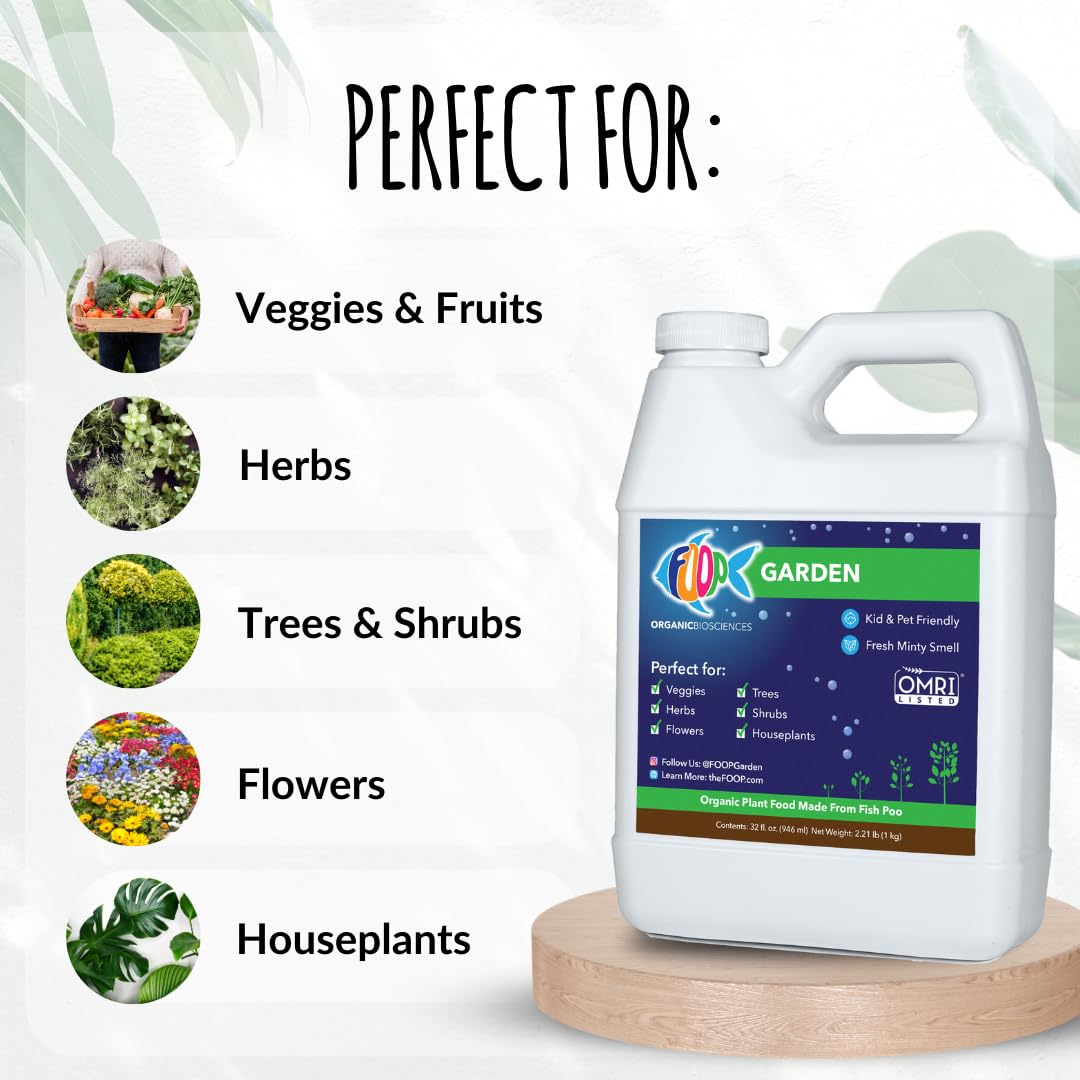 FOOP Garden - Organic Liquid Plant Food Made from Fish Manure (with Fresh Minty Scent) | Fish Fertilizer Alternative Perfect for Veggies, Herbs, Flowers,Trees,Shrubs | Kid&Pet Friendly (32oz, 2 Pack)