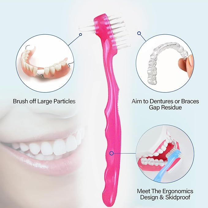 2-Piece Denture Cleaning Brush Set - Multi-Layered Bristles False Toothbrush with Ergonomic Handle and White Carrying Case for Fake Teeth Cleaning, Travel-Sized Oral Care Tool (Blue&Red, One Size)
