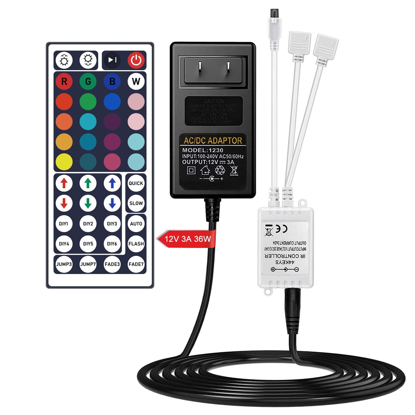 SNKIZN Wireless IR Remote Controller for RGB LED Strip Lights, 44 Key, Includes Rectifier Control Box & Power Supply Adapter, Multicolor