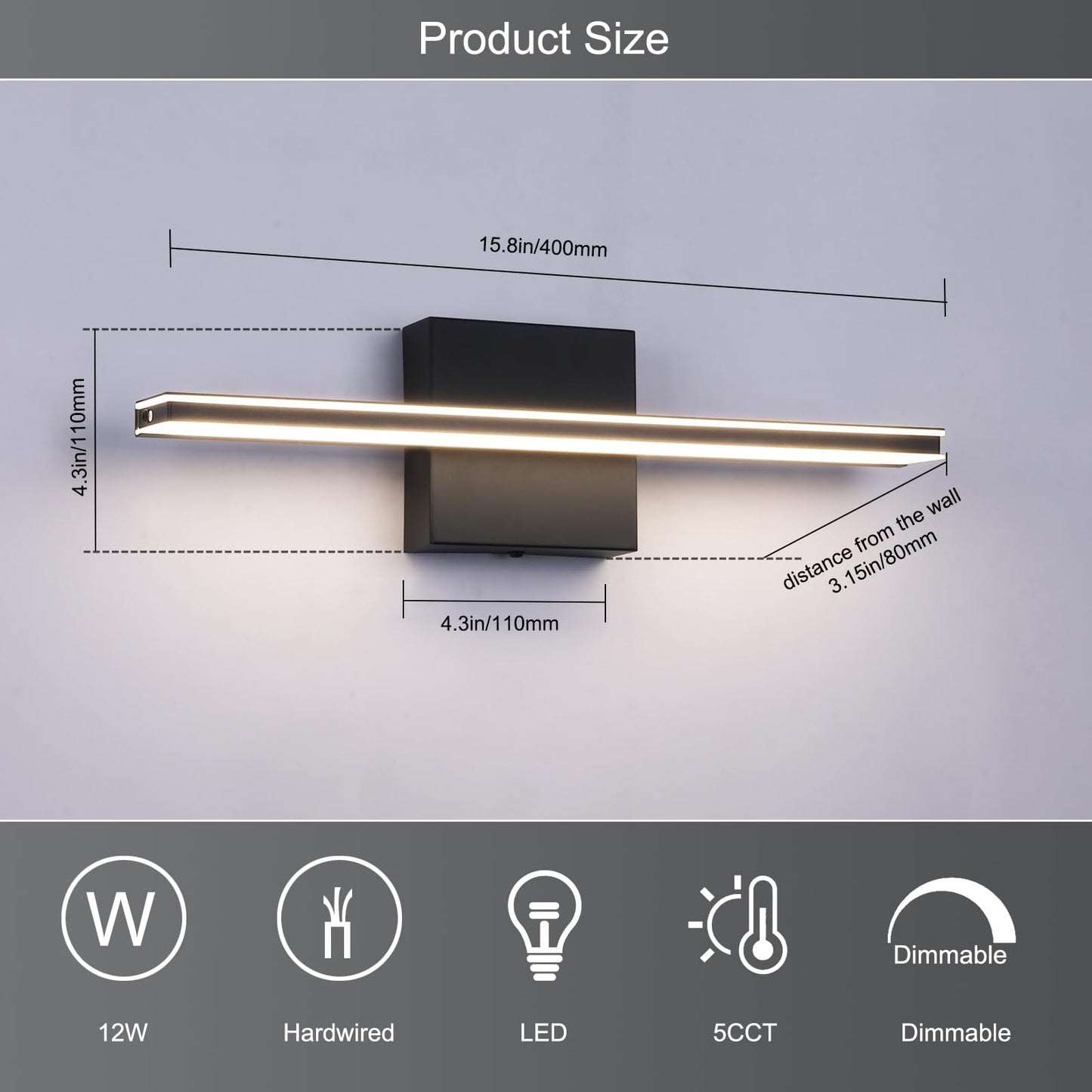 BRIVOLART LED Bathroom Vanity Light Dimmable 5CCT, 15.7 Inch, Black, Acrylic, Model 6420-5CCT